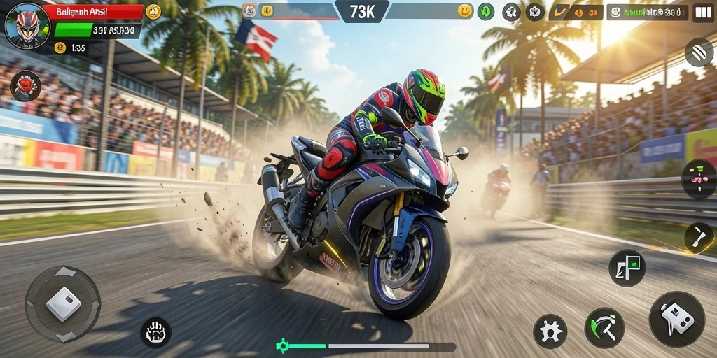 Tampilan menarik gameplay motor balapan di 73K.