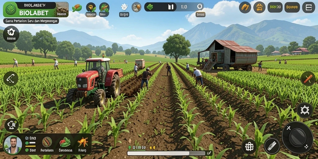 Screenshot gameplay BIOLABET yang menampilkan petualangan bertani.