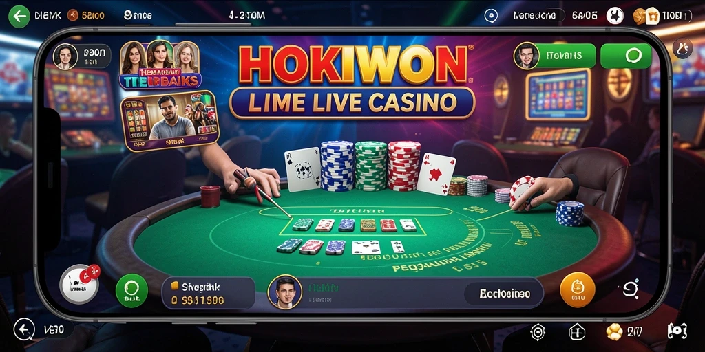 Screenshot HOKIWON menampilkan dealer cantik dan permainan kasino langsung yang seru.