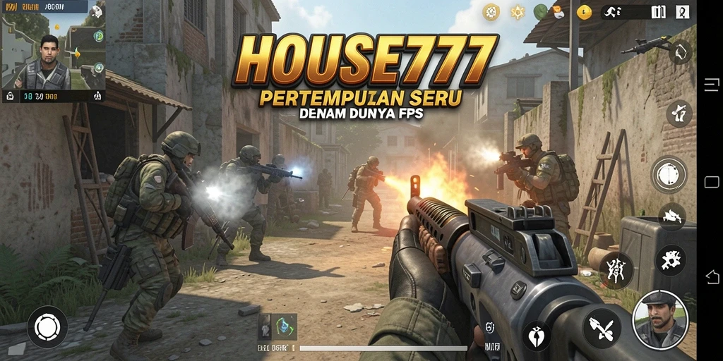 Tangkapan layar utama dari HOUSE777 menampilkan aksi tembak-menembak intens dalam gameplay.