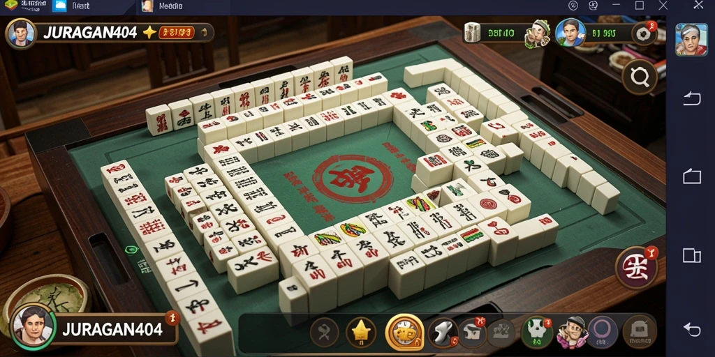 Tangkapan layar utama JURAGAN404 menampilkan gameplay Mahjong yang seru.