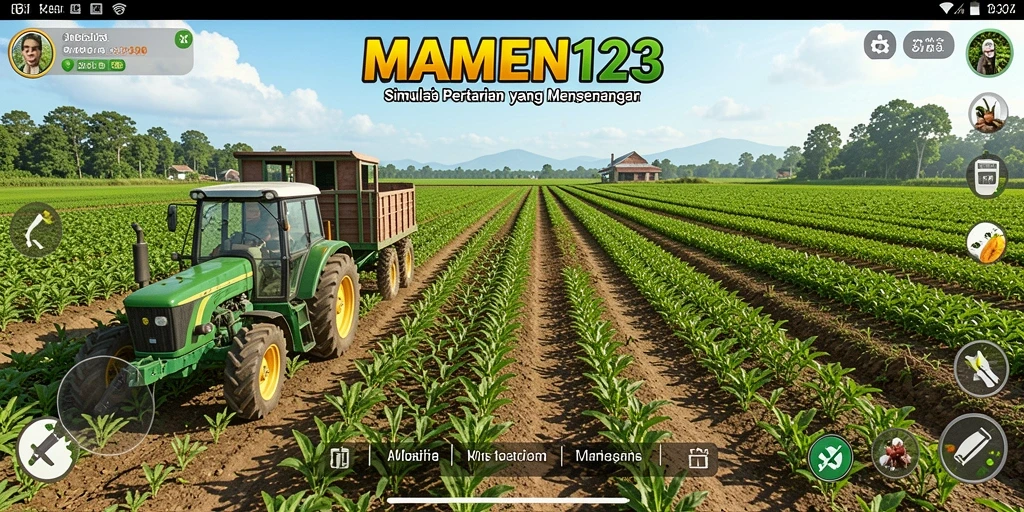 Tangkapan layar dari gameplay MAMEN123 menunjukkan suasana pertanian yang realistis dan menyenangkan.