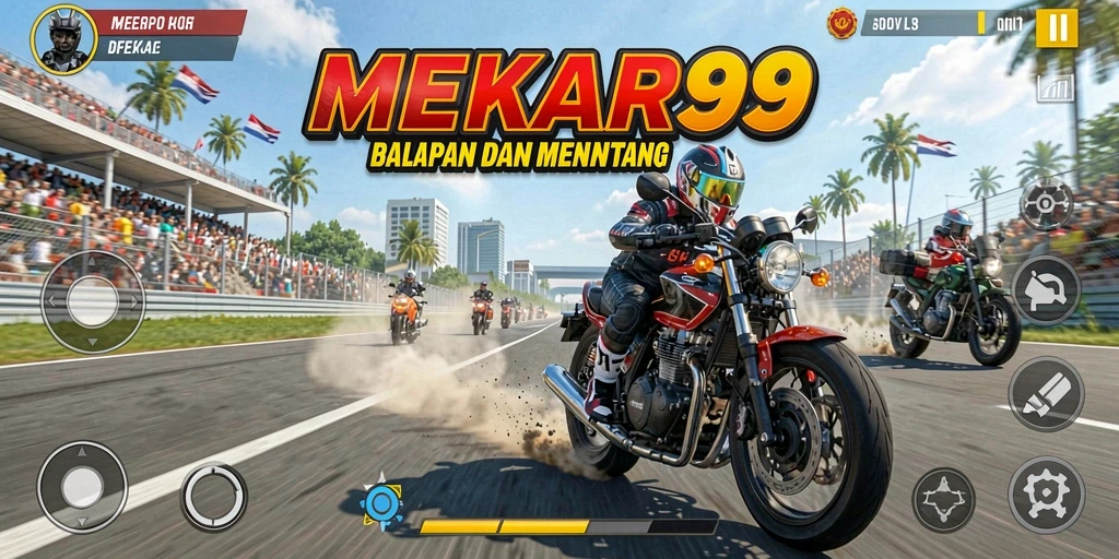 Tangkapan layar utama MEKAR99 menunjukkan aksi balapan motor yang mendebarkan.