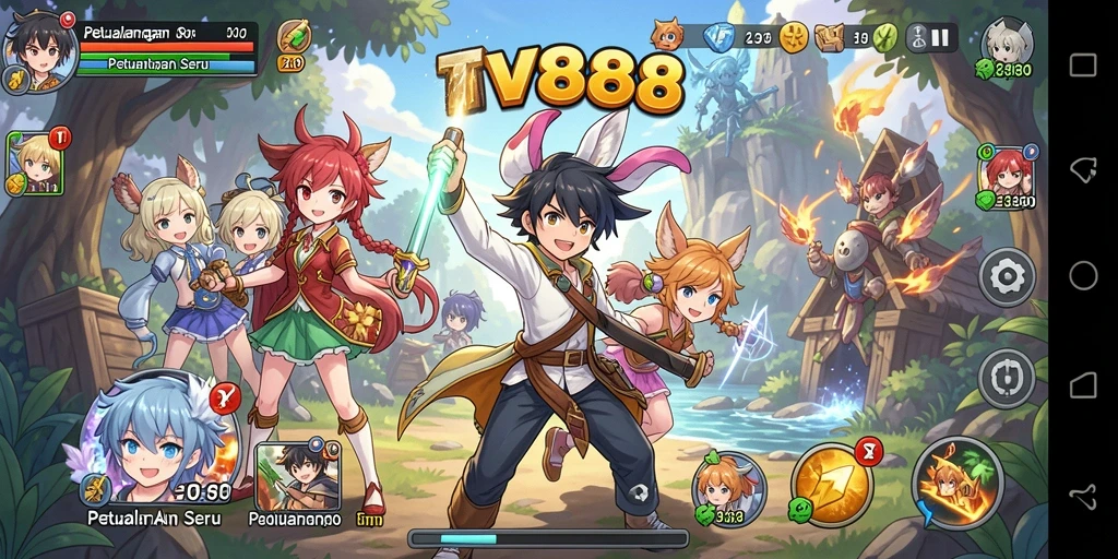 Screenshot gameplay menunjukkan karakter Anime yang beraksi dalam pertarungan epik.